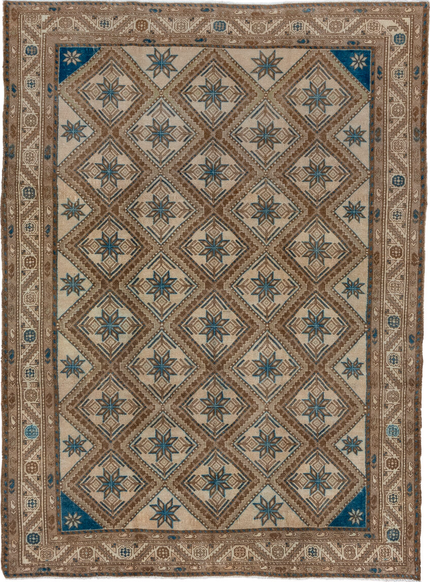 7' x 9' one-of-a-kind handmade vintage Malayer rug. Color palette: arapawa, black, blue, brown, charcoal, gray, light gray