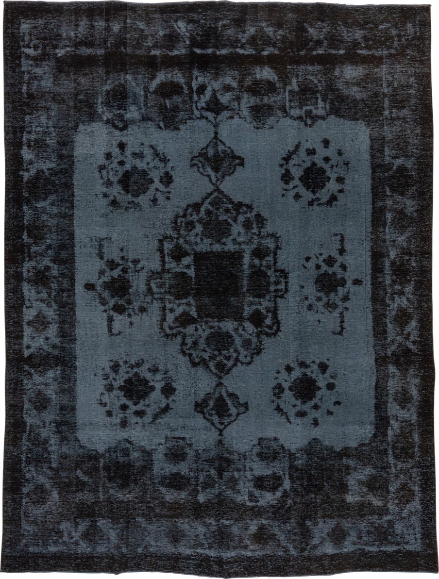 9' x 12' one-of-a-kind handmade vintage Overdyed large size rug. Color palette: black, blue, charcoal, dim gray, gray
