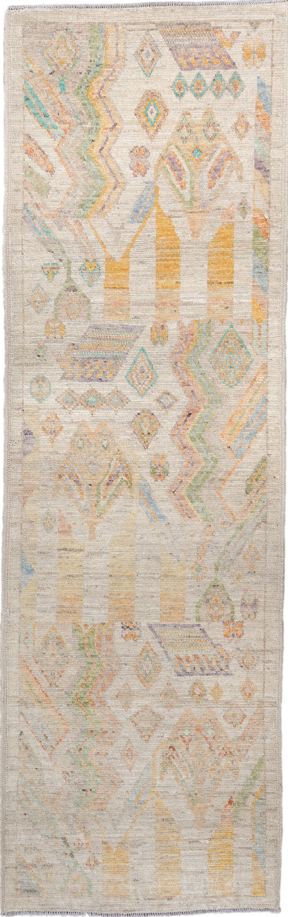3' x 9' one-of-a-kind handmade vintage Kilim runner rug. Color palette: antiquewhite, blanched almond, blue, brown