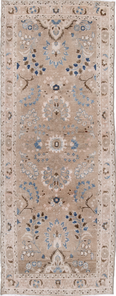 2' x 7' one-of-a-kind handmade vintage Hamadan runner rug. Color palette: blue, brown, gray, light gray, off-white, pink