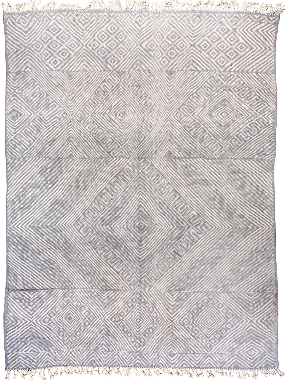 10' x 14' one-of-a-kind handmade vintage Kilim large size rug. Color palette: blue, brown, dark gray, floral white