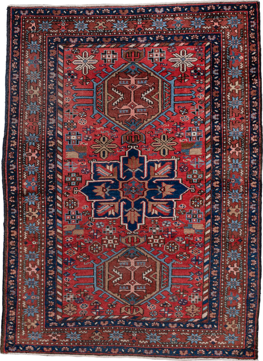 3' x 4' one-of-a-kind handmade vintage Heriz small size rug. Color palette: blue, brown, burgundy, fiord, gainsboro, gray