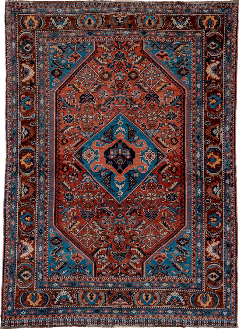 3' x 5' one-of-a-kind handmade vintage Shiraz small size rug. Color palette: black, blue, brown, dark gray, dim gray, gray