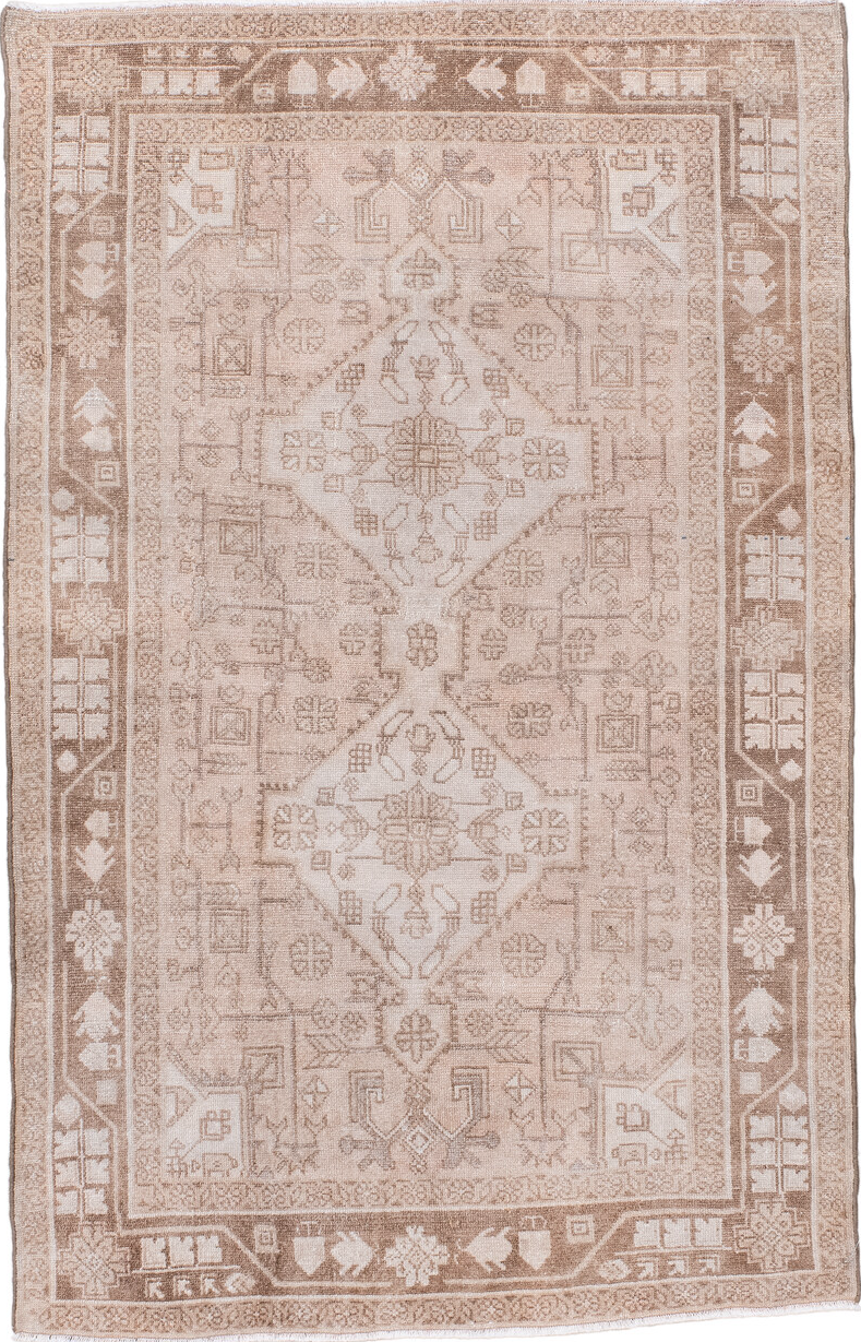 3' x 5' one-of-a-kind handmade vintage Malayer small size rug. Color palette: brown, gainsboro, gray, light gray, off-white