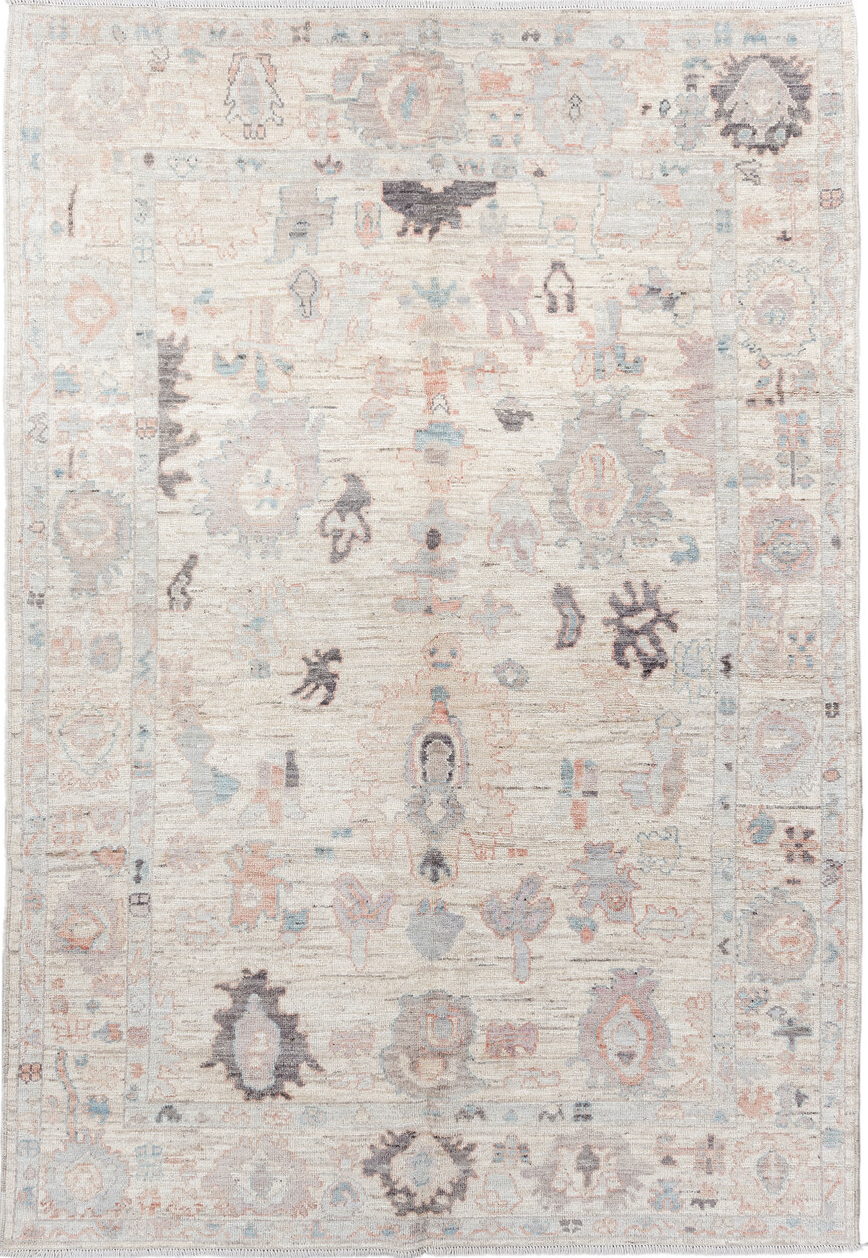 6' x 8' one-of-a-kind handmade vintage Oushak medium size rug. Color palette: beige, dark gray, dim gray, gainsboro, gray