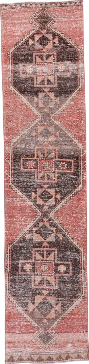2' x 12' one-of-a-kind handmade vintage Oushak runner rug. Color palette: brown, gray, light gray, pink