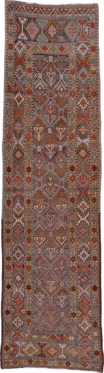 3' x 12' one-of-a-kind handmade vintage NW Persian runner rug. Color palette: black, brown, gray, pink, red