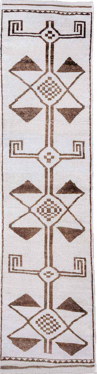 3' x 11' one-of-a-kind handmade vintage Kars runner rug. Color palette: brown, dark gray, gainsboro, gray, light gray