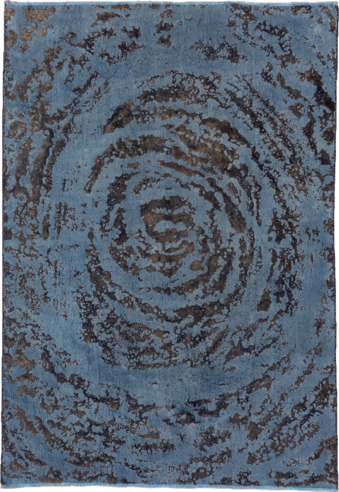 5' x 7' one-of-a-kind handmade vintage Overdyed rug. Color palette: black, blue, charcoal, fiord, gray, light blue