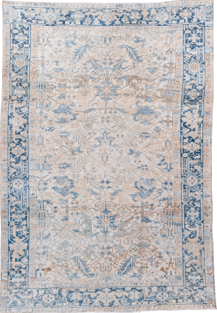 7' x 10' one-of-a-kind handmade vintage Heriz large size rug. Color palette: arapawa, blue, dark gray, fiord, gainsboro