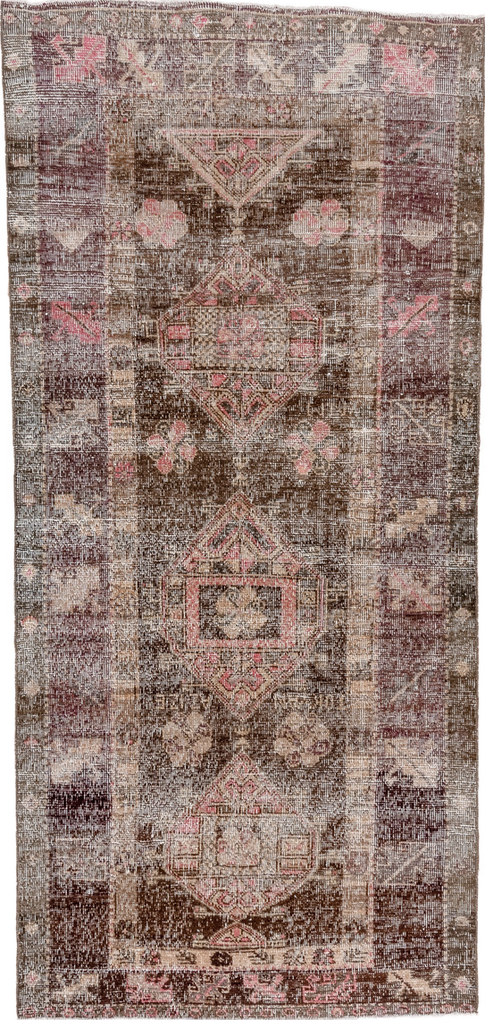 4' x 9' one-of-a-kind handmade vintage Oushak runner rug. Color palette: brown, gray, light gray, off-white, pink, silver