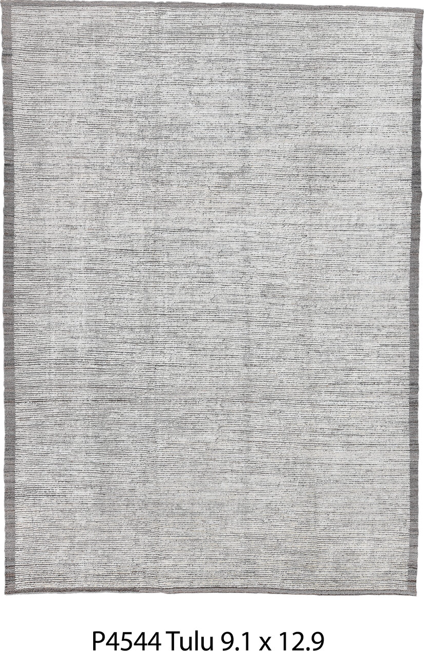 9' x 12' one-of-a-kind handmade vintage Tulu large size rug. Color palette: black, charcoal, dark gray, dim gray, gainsboro