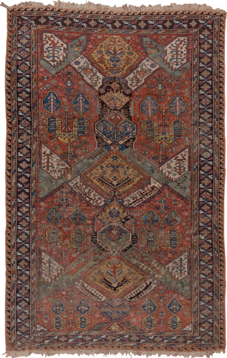 6' x 10' one-of-a-kind handmade vintage Sumak large size rug. Color palette: black, blue, brown, charcoal, dark gray, gray