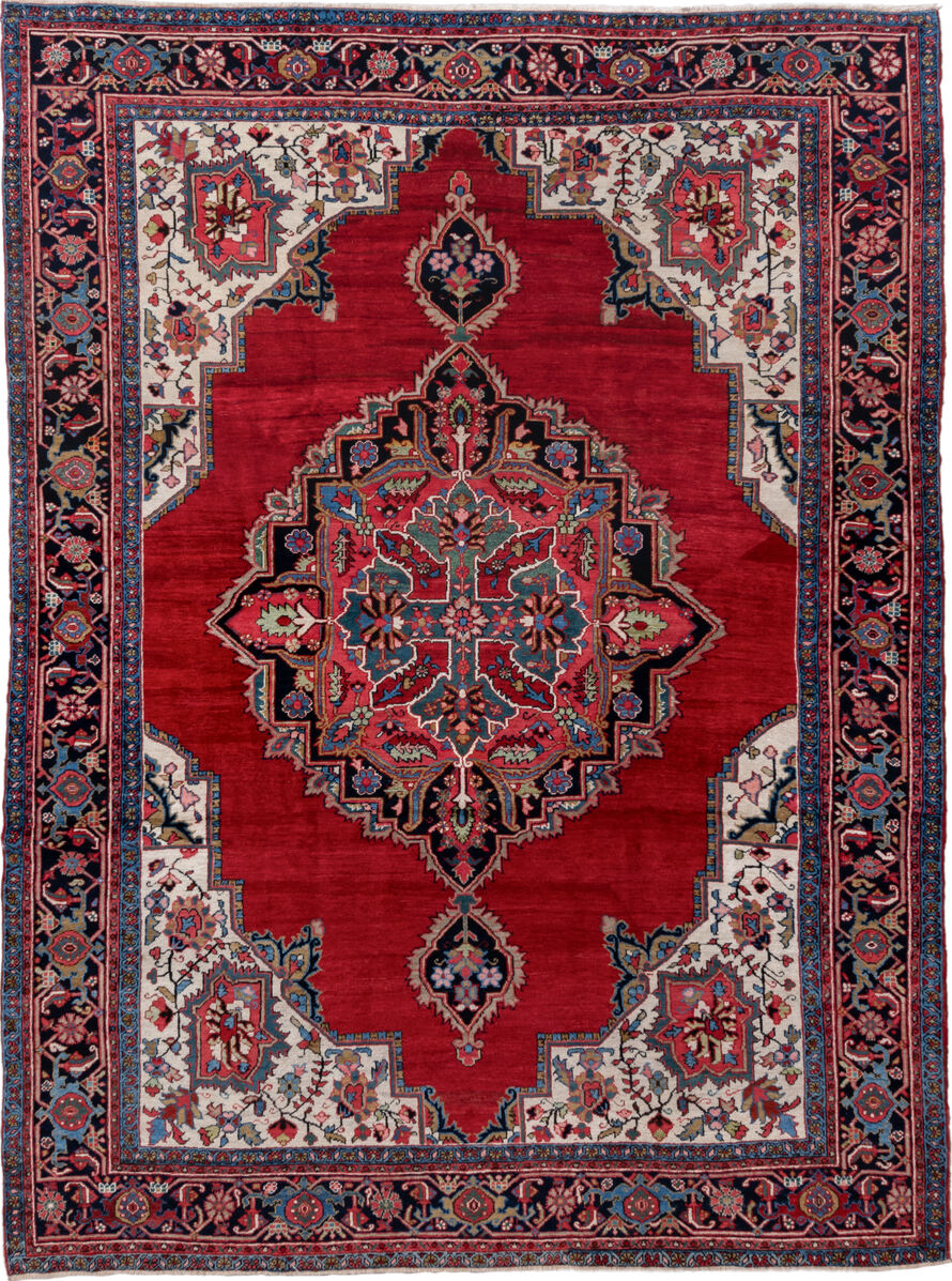 8' x 11' one-of-a-kind handmade vintage Heriz large size rug. Color palette: blue, brown, dim gray, fiord, gray, light gray