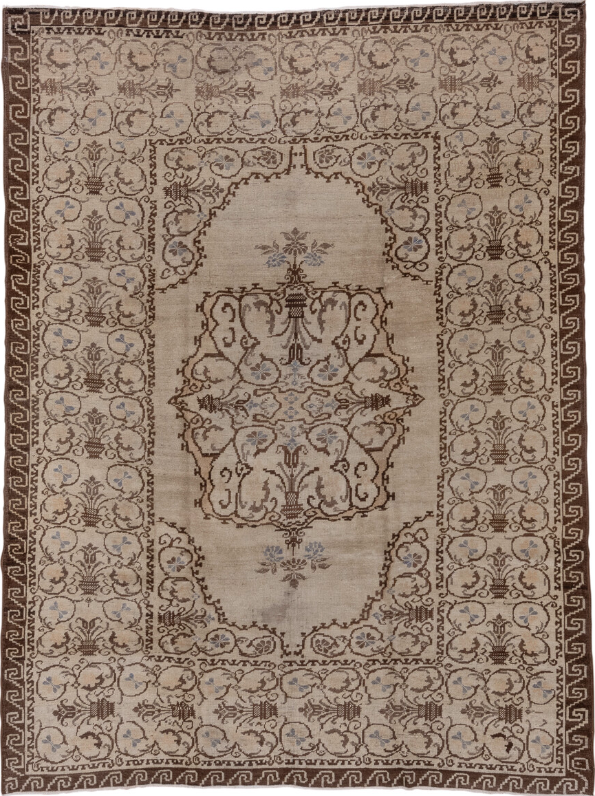 6' x 9' one-of-a-kind handmade vintage Oushak medium size rug. Color palette: brown, dim gray, gray, light gray, off-white