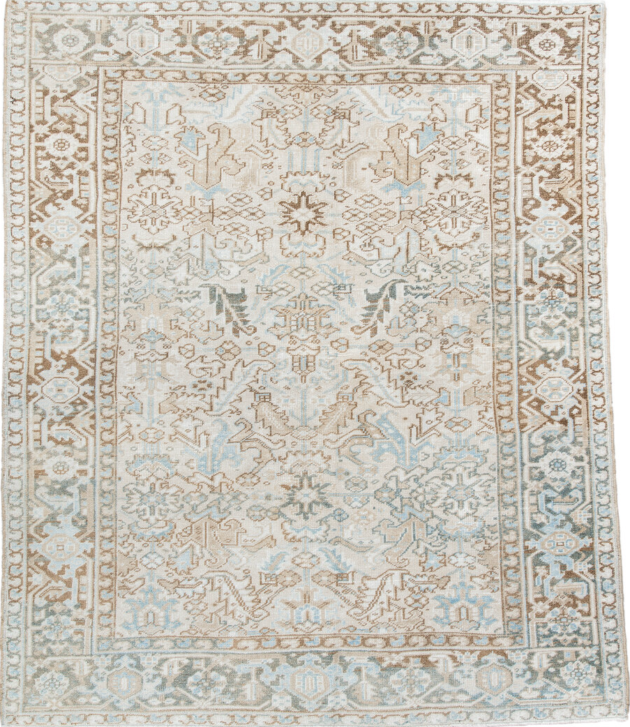 7' x 8' one-of-a-kind handmade vintage Heriz rug. Color palette: beige, brown, dim gray, gainsboro, gray, light gray