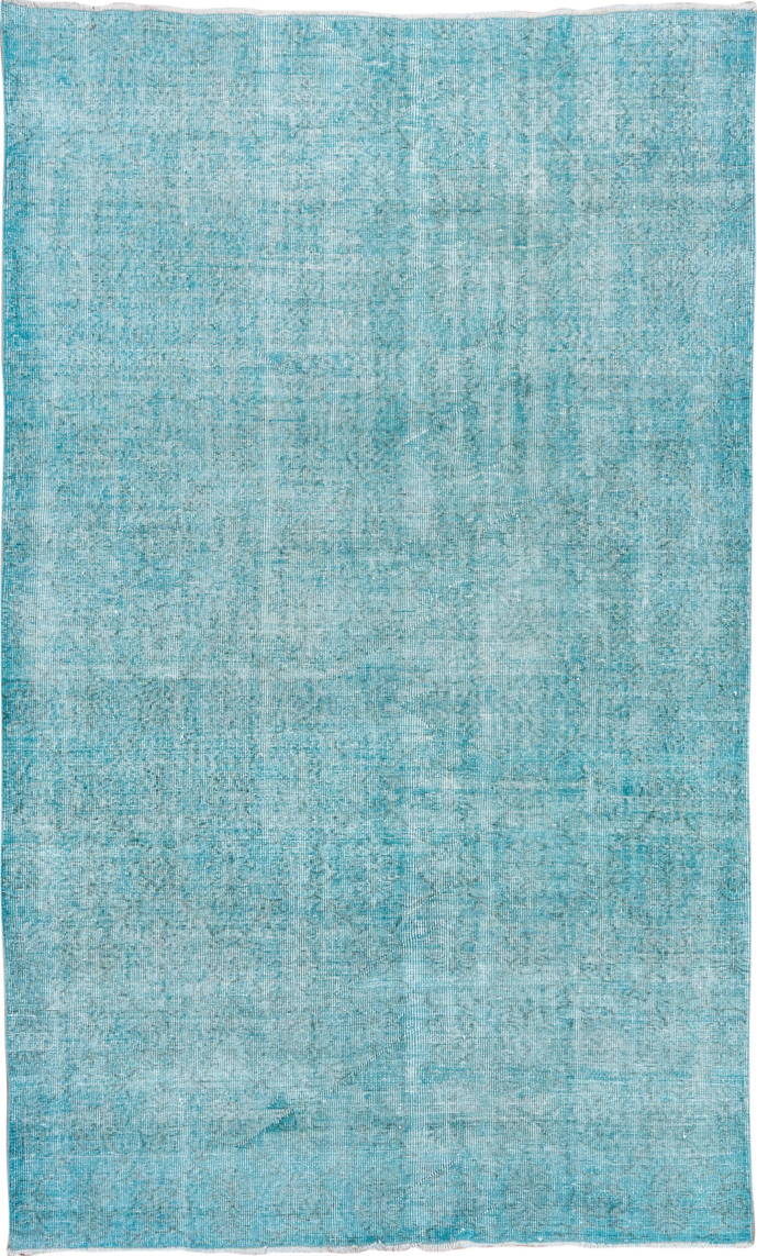 5' x 9' one-of-a-kind handmade vintage Overdyed medium size rug. Color palette: blue, gray, green, light blue, light gray