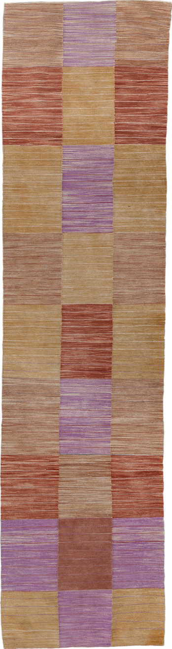 2' x 10' one-of-a-kind handmade vintage Kilim runner rug. Color palette: brown, gray, light gray, pink