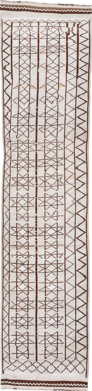 2' x 12' one-of-a-kind handmade vintage Kars runner rug. Color palette: brown, gainsboro, gray, light gray, off-white, snow
