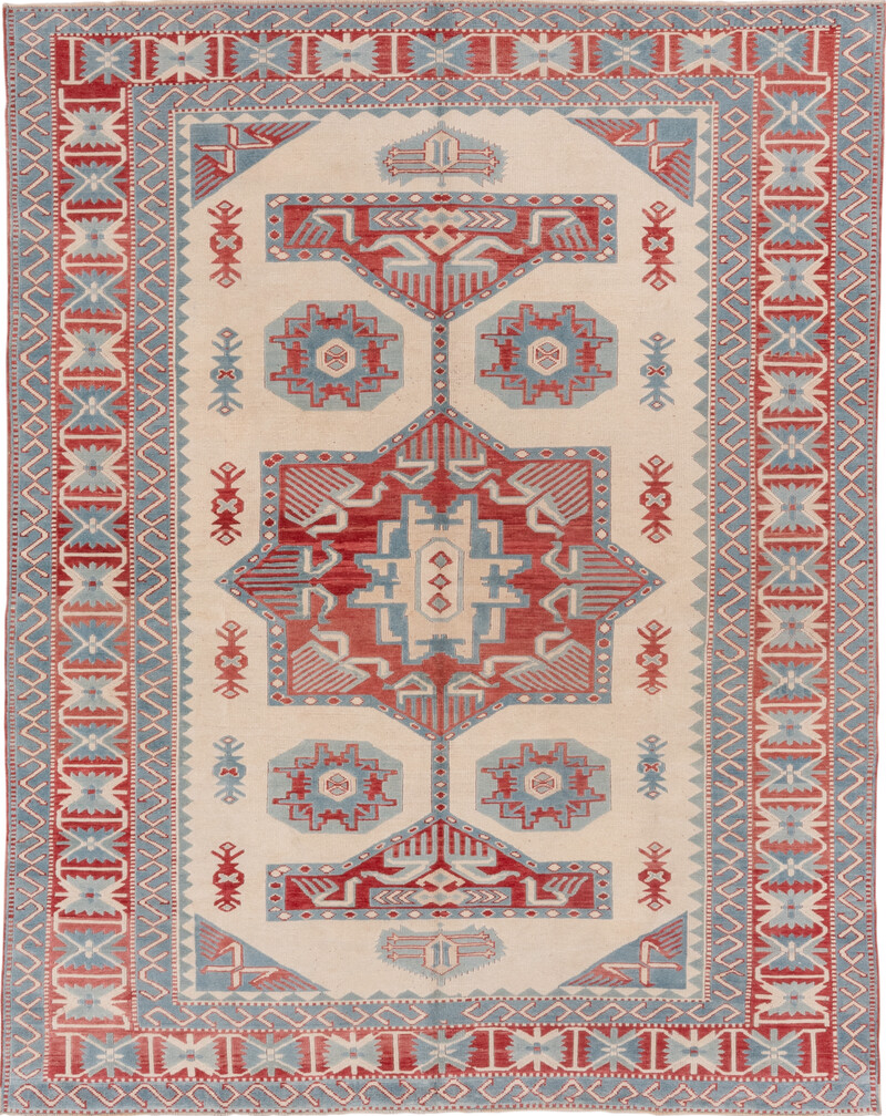 7' x 9' one-of-a-kind handmade vintage Oushak rug. Color palette: brown, dark gray, gray, light gray, off-white, pink, red