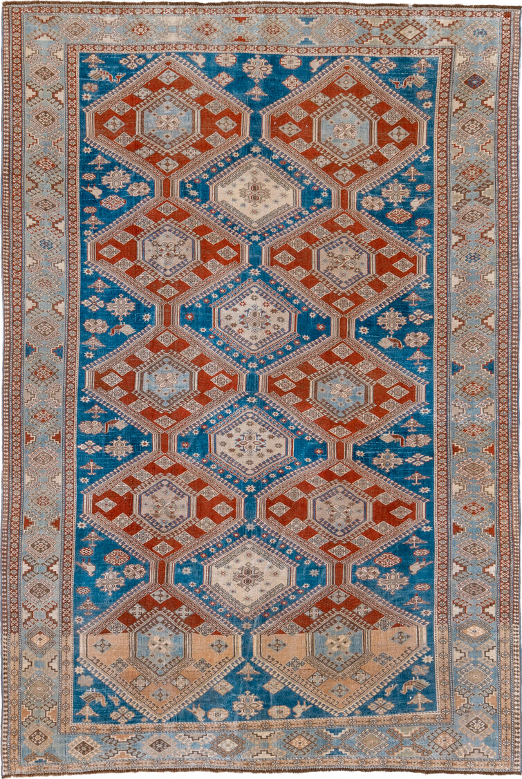 7' x 10' one-of-a-kind handmade vintage Shiraz large size rug. Color palette: blue, brown, gray, light gray, off-white, pink