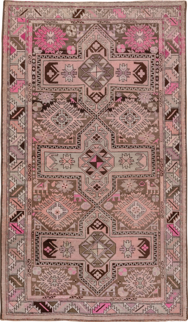 4' x 7' one-of-a-kind handmade vintage Karabagh rug. Color palette: brown, gray, pink, red, redwood