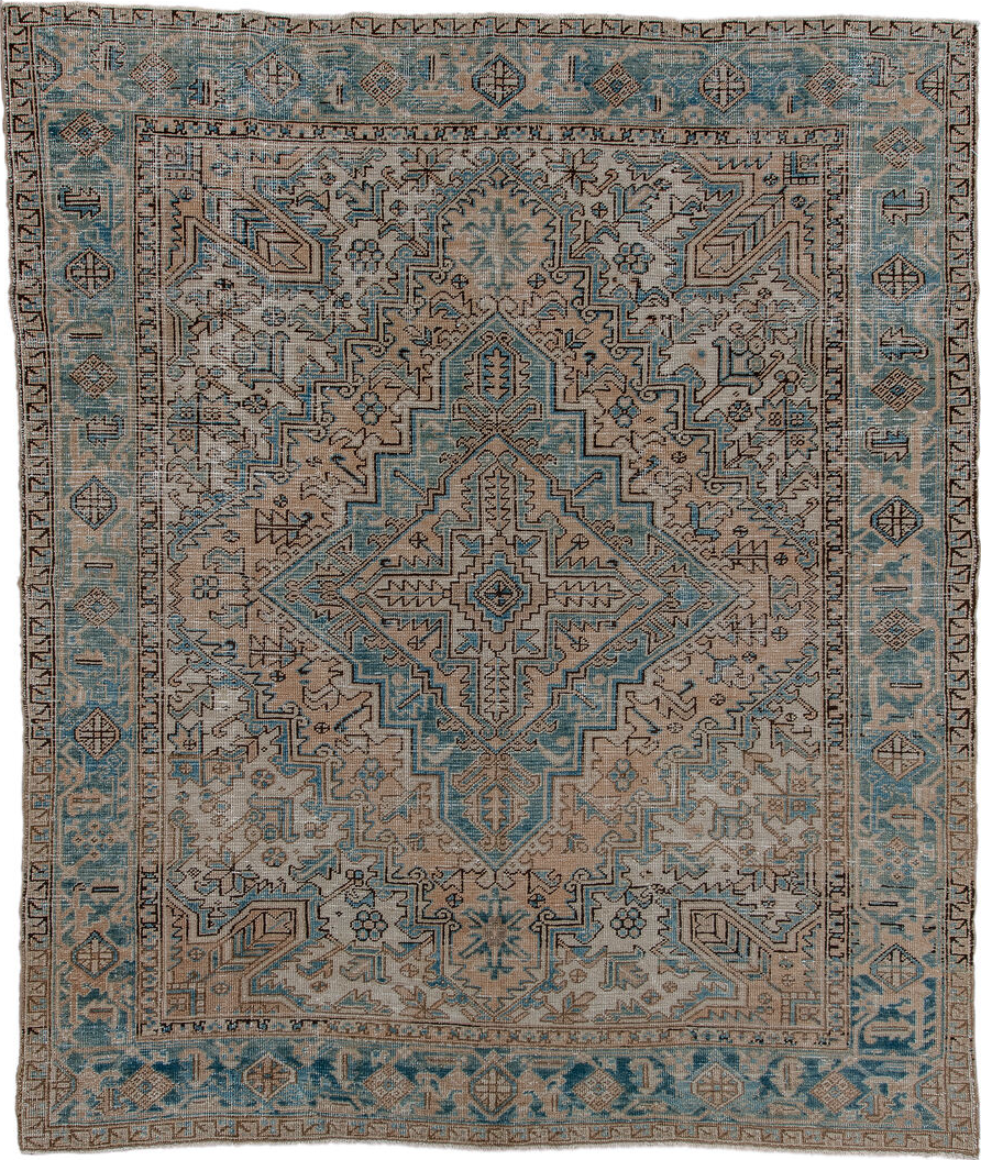 6' x 8' one-of-a-kind handmade vintage Heriz medium size rug. Color palette: black, blue, brown, dark slate gray, gainsboro