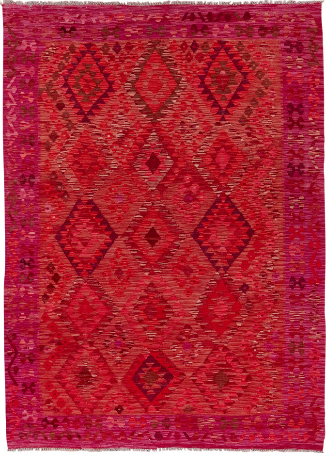 5' x 8' one-of-a-kind handmade vintage Kilim medium size rug. Color palette: brown, dark red, indian red, pink, red