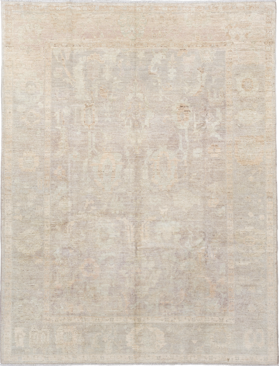 9' x 12' one-of-a-kind handmade vintage Oushak large size rug. Color palette: brown, gray, light gray, off-white, pink