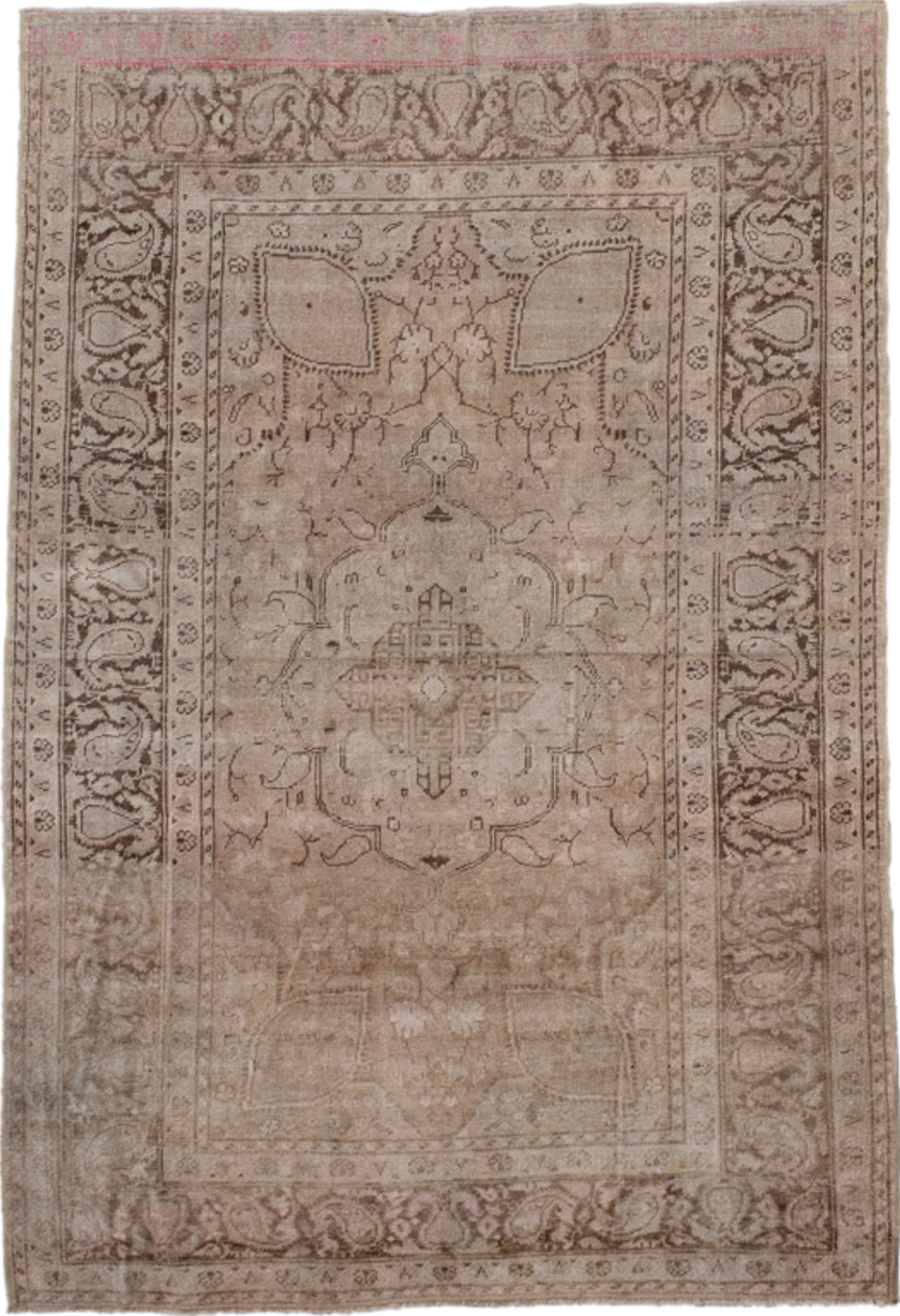 4' x 6' one-of-a-kind handmade vintage Oushak small size rug. Color palette: brown, gray, pink