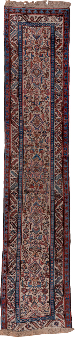3' x 13' one-of-a-kind handmade vintage Sarab runner rug. Color palette: black, blue, brown, gray, pink, red