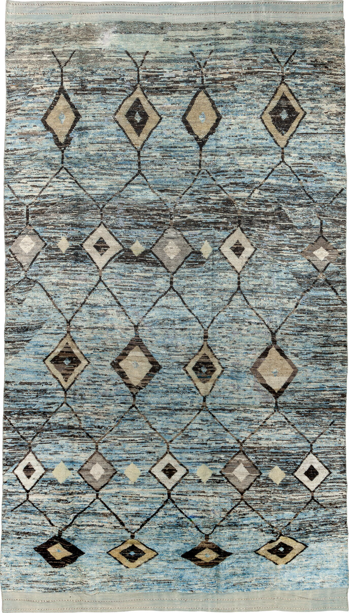 7' x 14' one-of-a-kind handmade vintage Tulu large size rug. Color palette: black, blue, brown, dark gray, gray, light gray