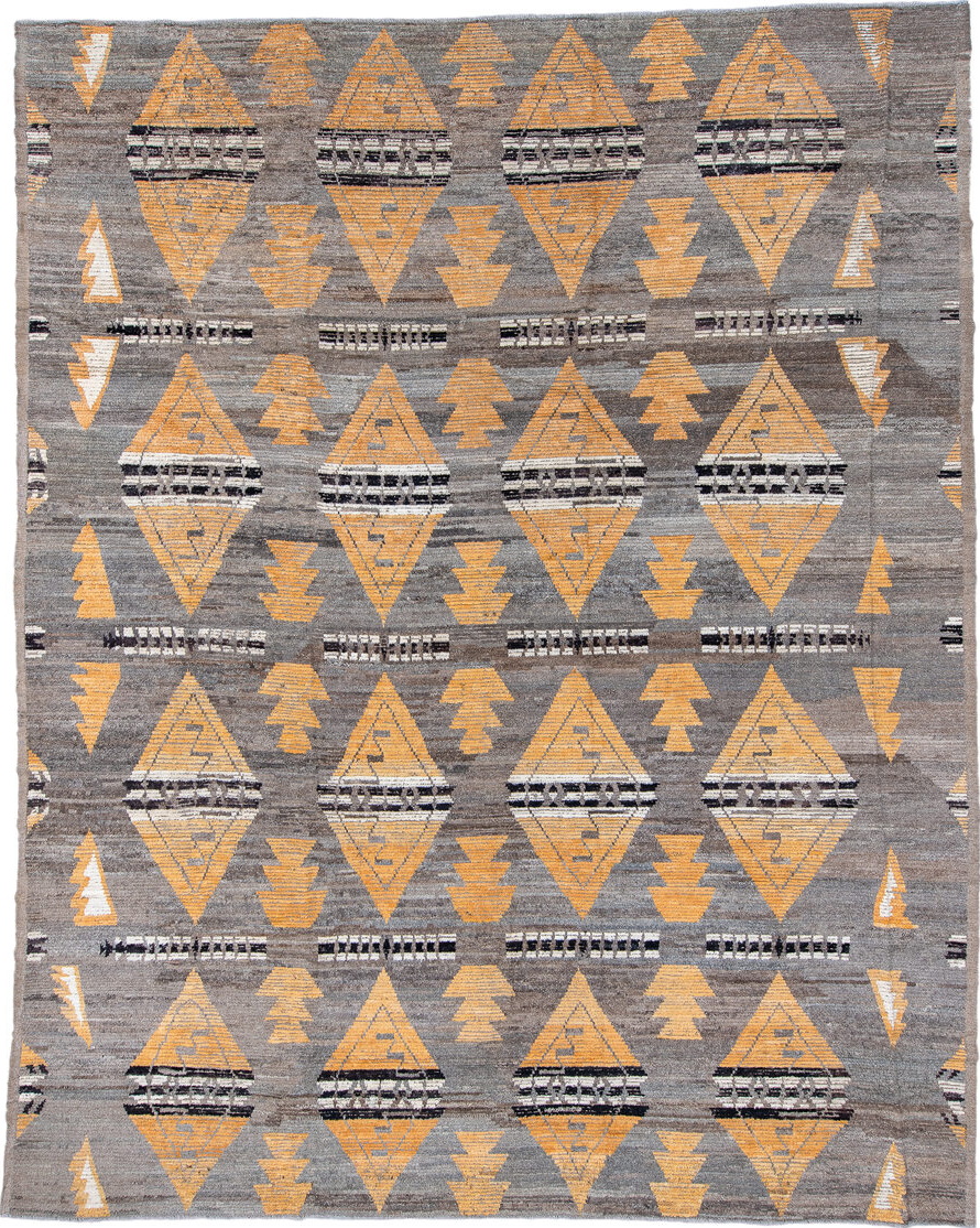 11' x 14' one-of-a-kind handmade vintage Tulu oversize rug. Color palette: black, blue, brown, burlywood, charcoal