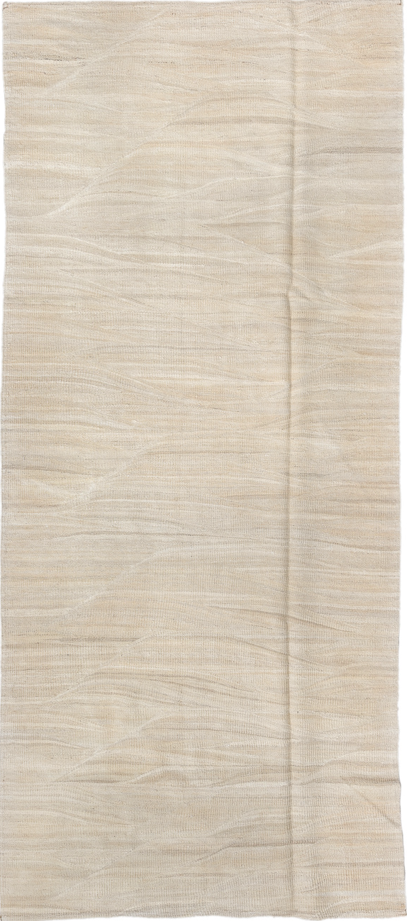 4' x 9' one-of-a-kind handmade vintage Kilim runner rug. Color palette: antiquewhite, brown, gray, light gray, linen