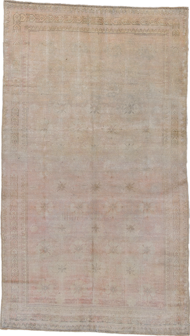 3' x 6' one-of-a-kind handmade vintage Oushak runner rug. Color palette: brown, gray, light gray, off-white, pink