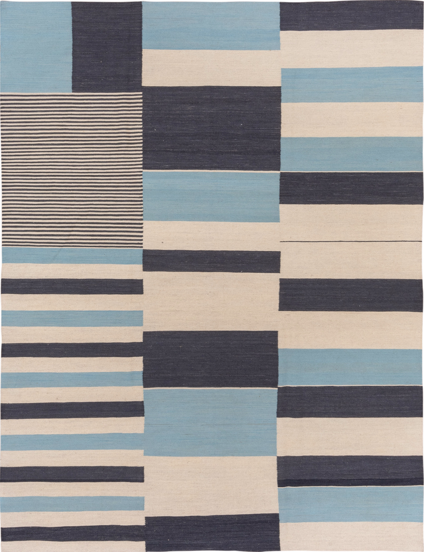 7' x 9' one-of-a-kind handmade vintage Kilim rug. Color palette: black, blue, brown, charcoal, dark gray, gray, light blue