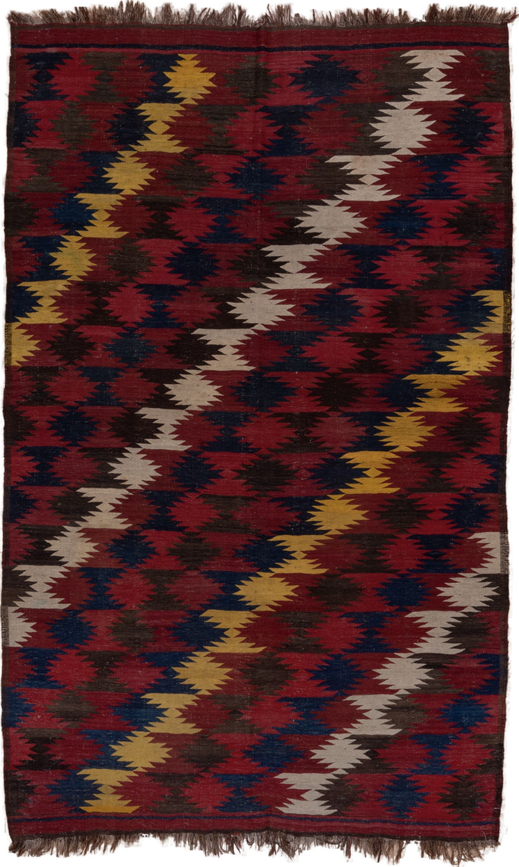 6' x 9' one-of-a-kind handmade vintage Kilim medium size rug. Color palette: black, brown, gray, pink, red