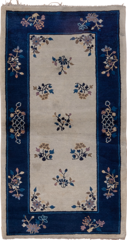 3' x 6' one-of-a-kind handmade vintage Chinese small size rug. Color palette: black, blue, gainsboro, gray, light gray
