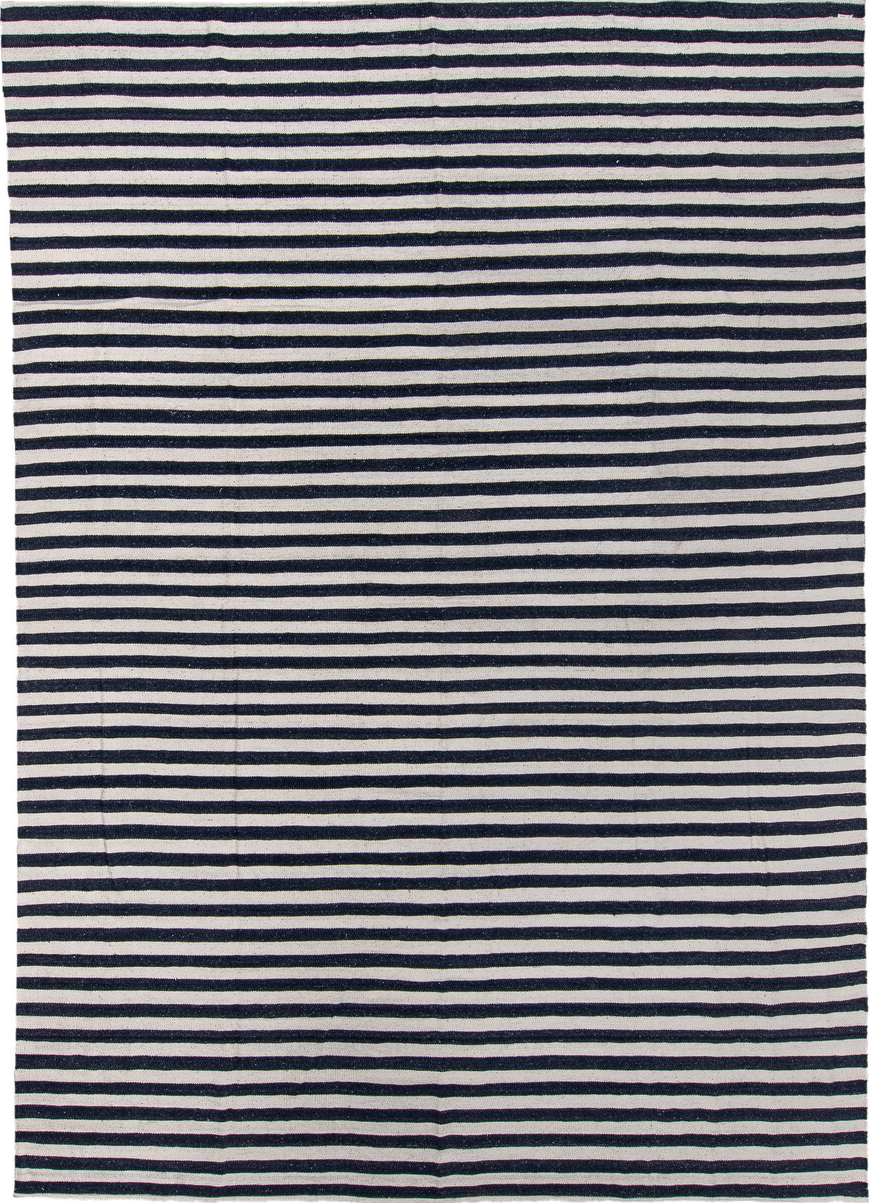 10' x 14' one-of-a-kind handmade vintage Kilim large size rug. Color palette: black, blue, dark gray, gainsboro, gray