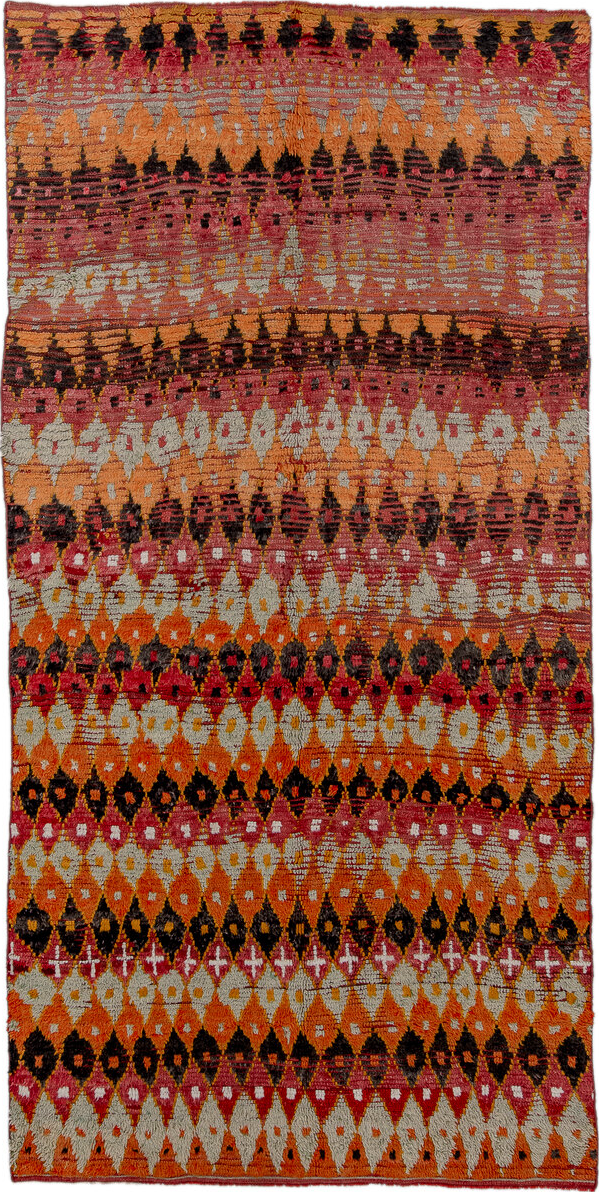 6' x 12' one-of-a-kind handmade vintage Moroccan large size rug. Color palette: pink, brown, gray, yellow, red, off-white