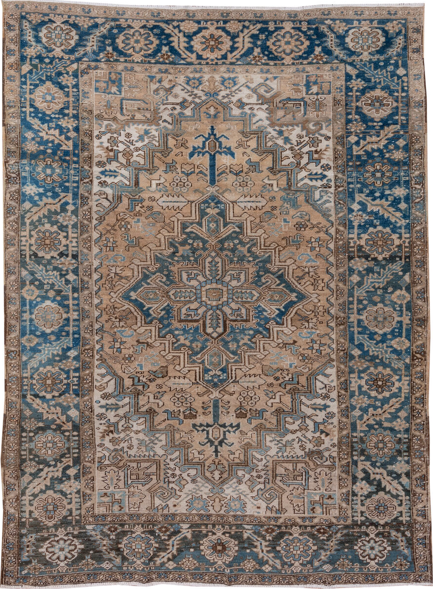 6' x 9' one-of-a-kind handmade vintage Heriz medium size rug. Color palette: arapawa, black, blue, brown, charcoal, dim gray