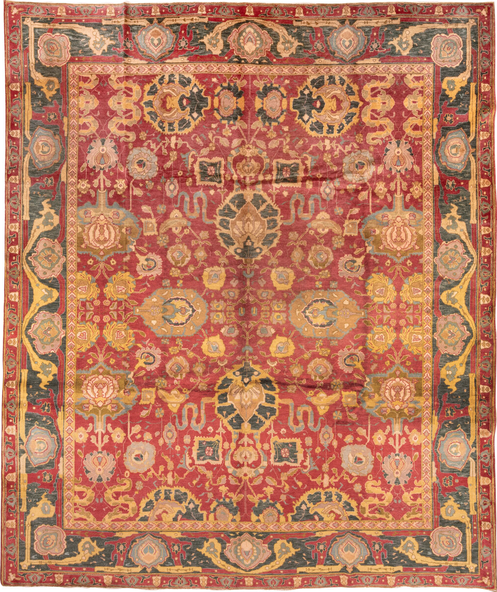 11' x 13' one-of-a-kind handmade vintage Agra oversize rug. Color palette: brown, dim gray, gray, orange, pink, red, sienna