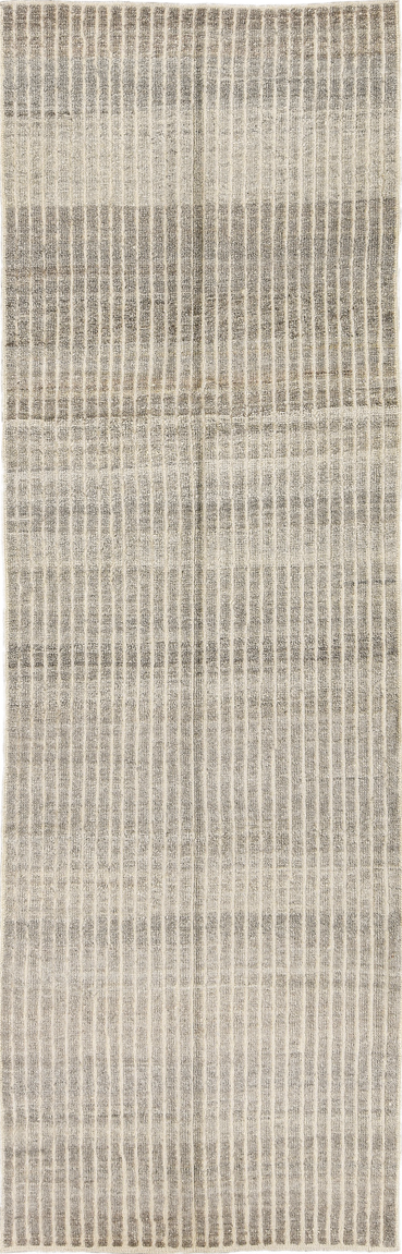3' x 9' one-of-a-kind handmade vintage Tulu runner rug. Color palette: dim gray, gray, light gray, off-white, pink, silver