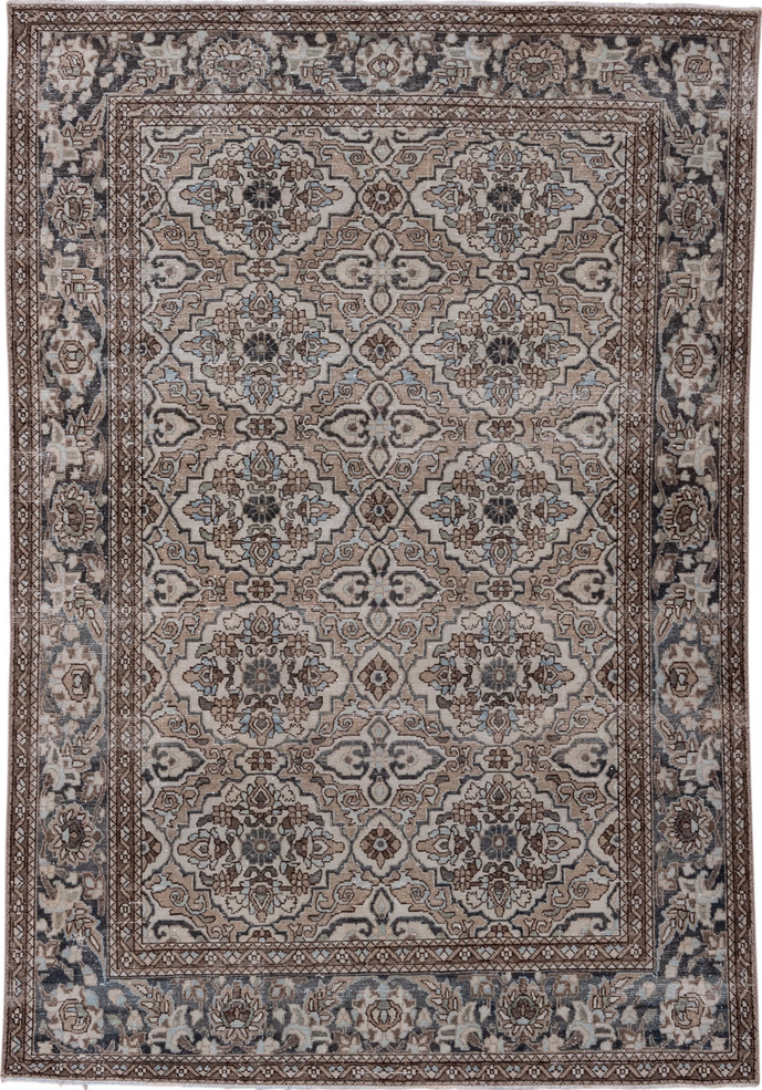 4' x 6' one-of-a-kind handmade vintage Malayer small size rug. Color palette: brown, dark gray, dim gray, gray, light gray