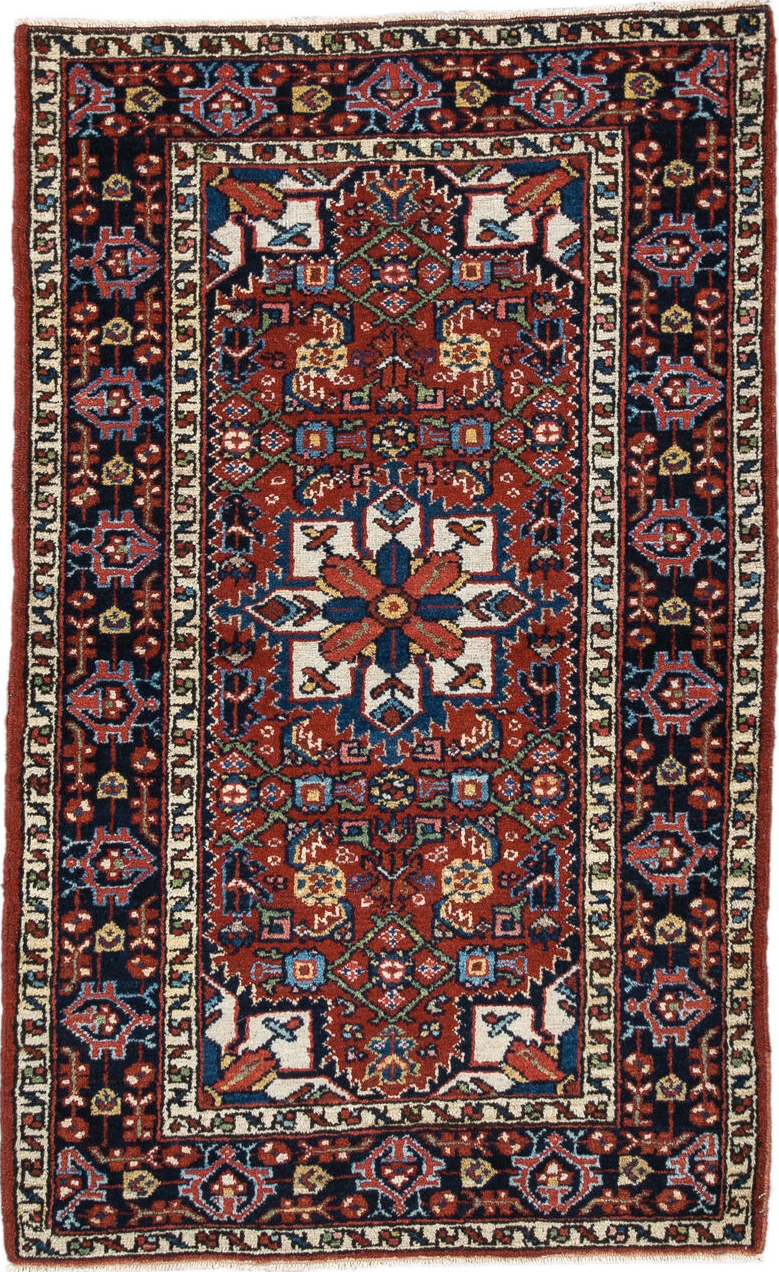 2' x 4' one-of-a-kind handmade vintage Hamadan small size rug. Color palette: antiquewhite, blanched almond, blue, brown