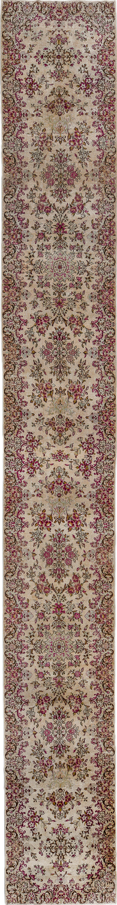 2' x 20' one-of-a-kind handmade vintage Kerman runner rug. Color palette: black, brown, gray, light gray, off-white, orange