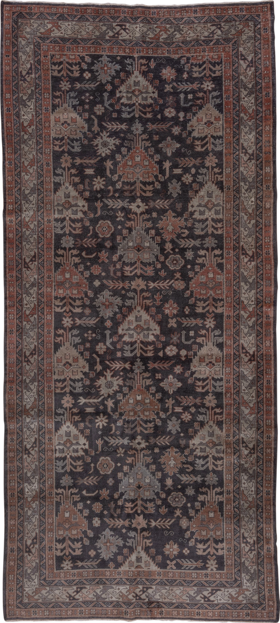 5' x 12' one-of-a-kind handmade vintage Sparta rug. Color palette: black, brown, charcoal, dim gray, gray, red, redwood