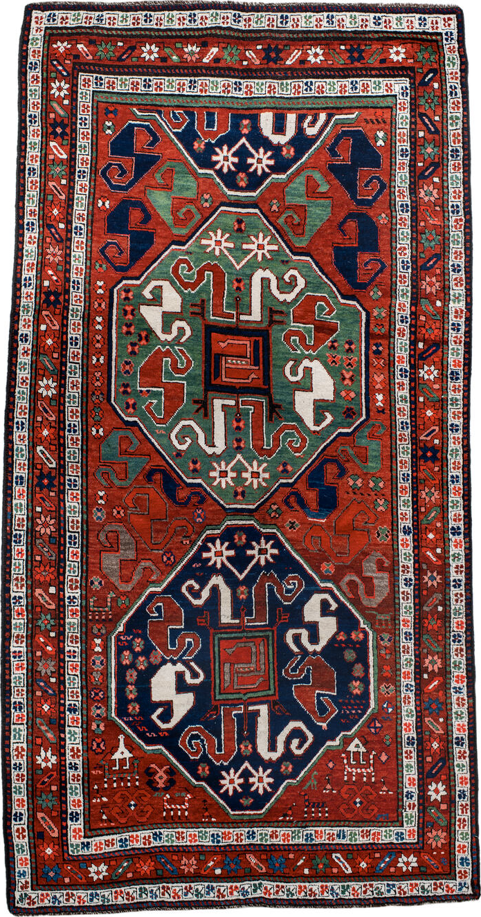 4' x 8' one-of-a-kind handmade vintage Kazak rug. Color palette: blue, brown, dark gray, fire brick, gainsboro, gray