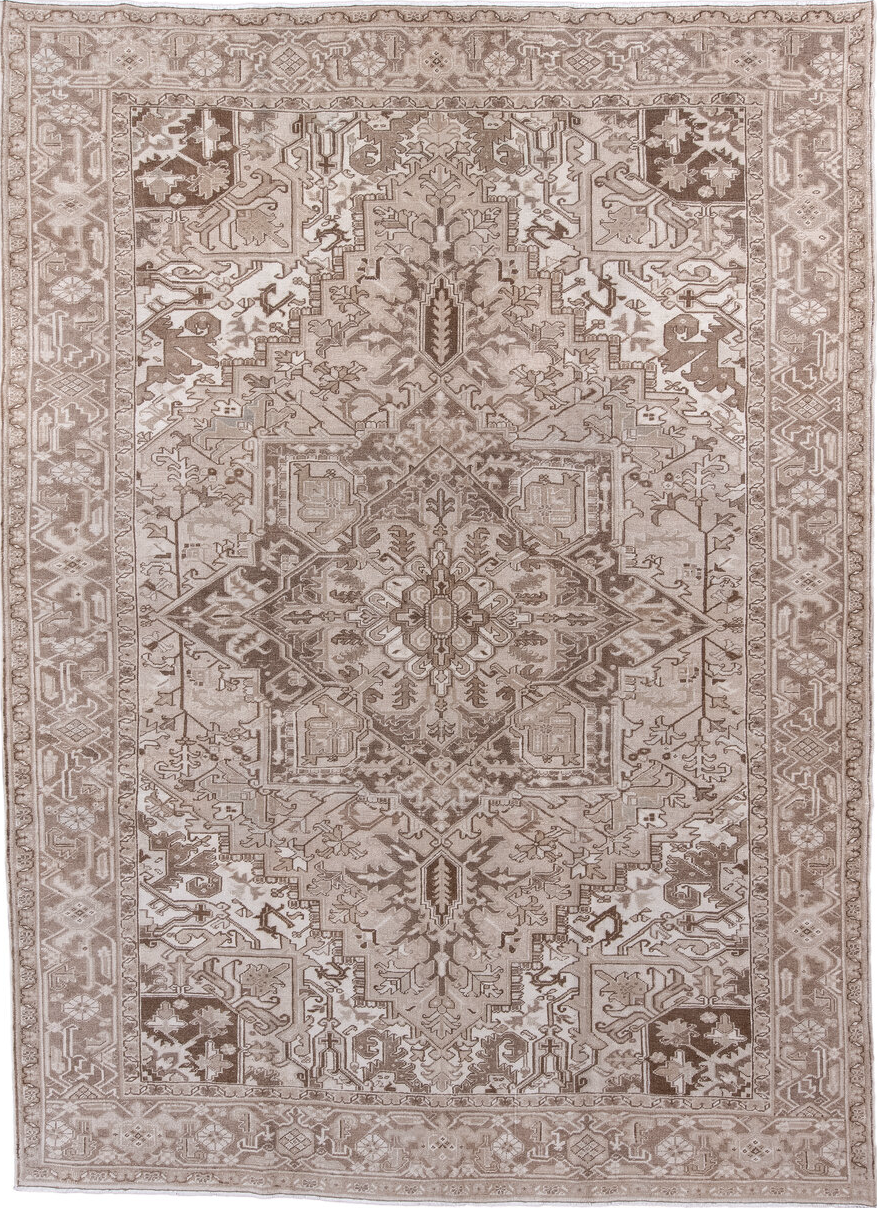 8' x 11' one-of-a-kind handmade vintage Heriz large size rug. Color palette: brown, gainsboro, gray, light gray, linen