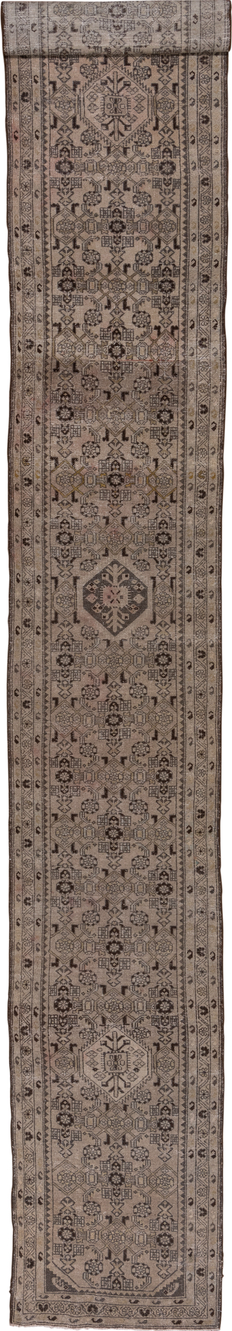 2' x 19' one-of-a-kind handmade vintage Malayer runner rug. Color palette: brown, gray, off-white, pink, snow, white